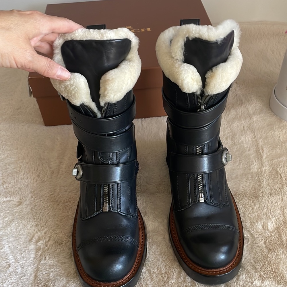 Coach 1941 Black Leather Womens Moto Boot with Shearling 2 inch heel size 8 M. - Picture 8 of 16